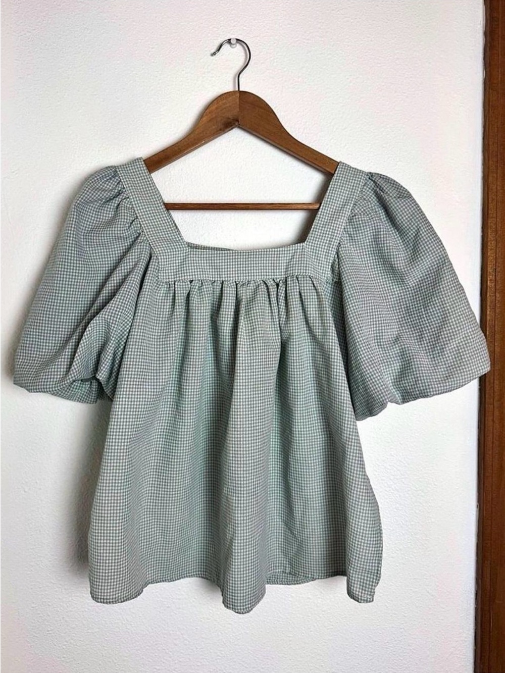 Vintage Square Neck Puff Sleeve Top in Sage Gingham